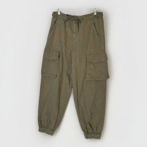 Pilcro‎ Anthropologie Cargo Pants XS Olive Green Ditsy Embroidered Drawstring